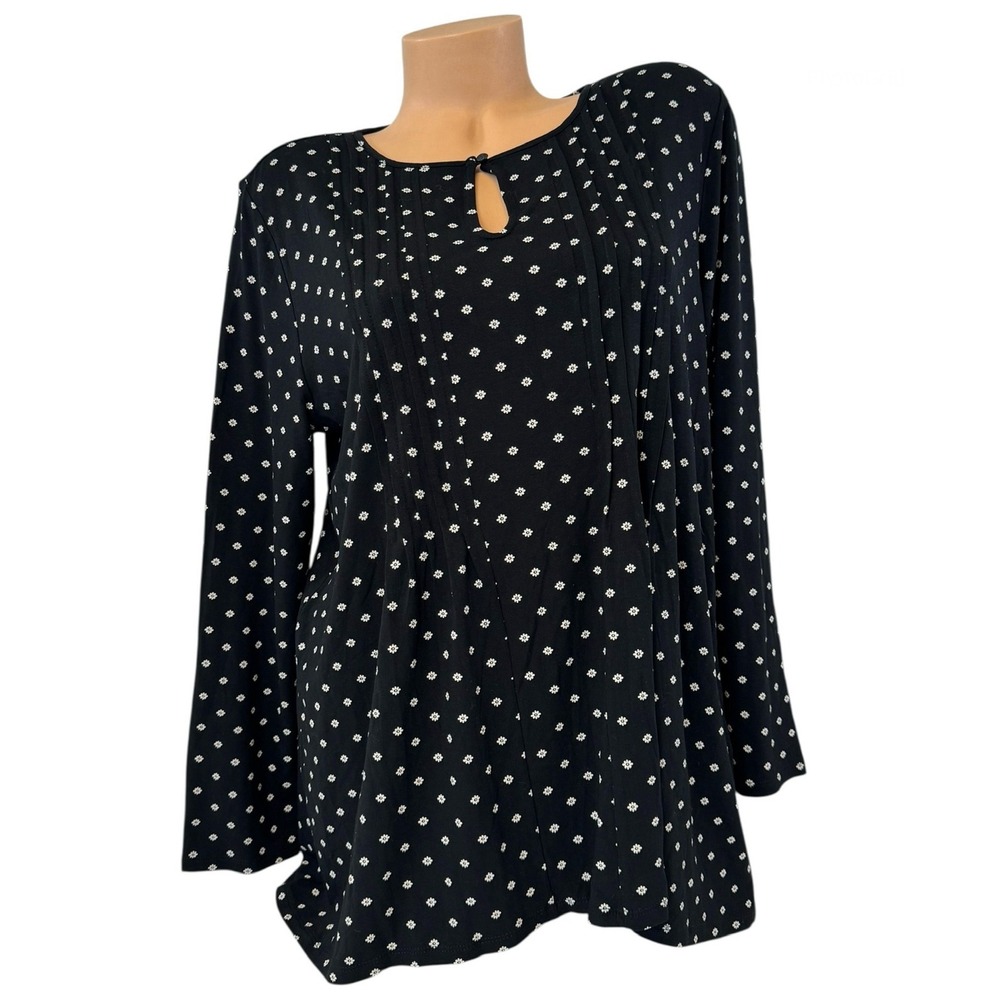 J. Jill Wearever Women LARGE Black Floral Long Sleeve Keyhole Pintuck Blouse Top